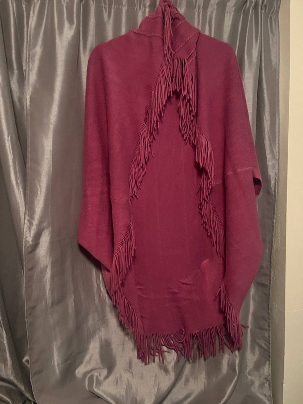 Source Unknown Fringe Poncho Sweater in Deep Berry